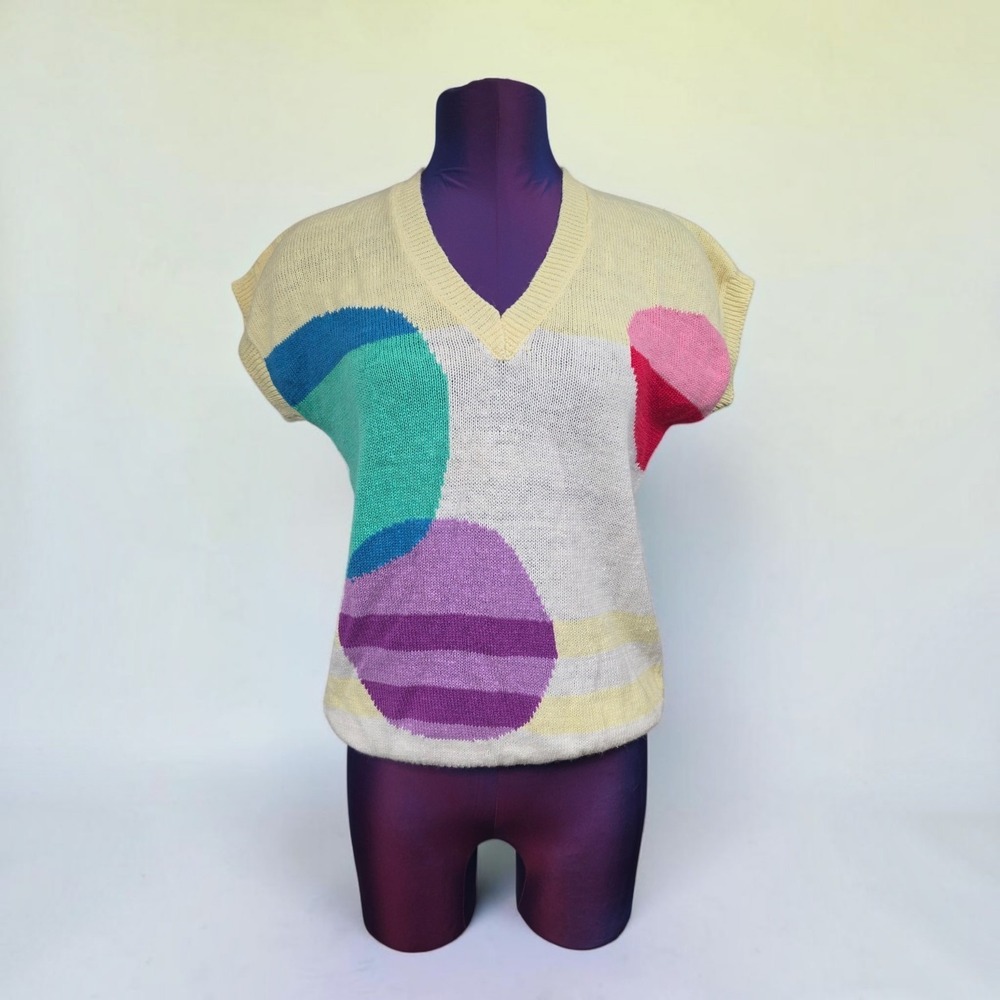 Haberdasher Vintage Geometric Abstract Knit Sweater Vest V-Neck Ramie Cotton M